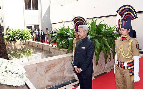 External Affairs Minister S Jaishankar pays homage to the victims who died in the 26/11 terrorist attack at Hotel Taj Mahal Palace, in Mumbai. (Photo | ANI)