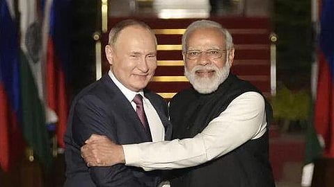 India's Prime Minister Narendra Modi,(R), embraces Russian President Vladimir Putin.(File Photo|AP)