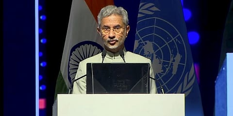External Affairs Minister S Jaishankar addresses during a special meeting of the United Nations Security Council�s Counter Terrorism Committee. (Photo | PTI)