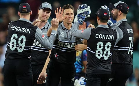 New Zealand celebrate their win over Sri Lanka in the T20 World Cup. (Photo | AFP)
