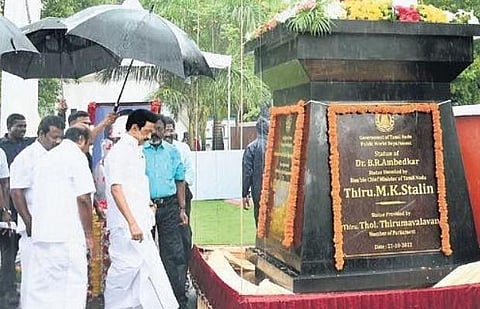 Stalin unveiling the statue of Ambedkar at Ambedkar memorial in RA Puram on Thursday | Ashwin prasath