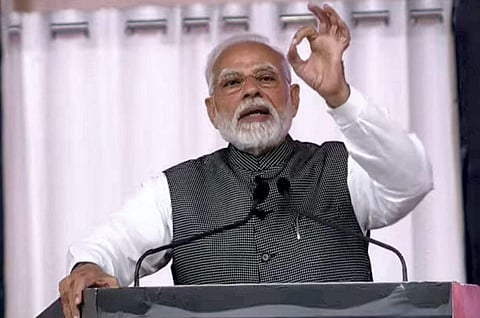 Prime Minister Narendra Modi addresses the foundation stone laying ceremony of C-295 transport aircraft manufacturing plant, in Vadodara. (Photo | PTI)