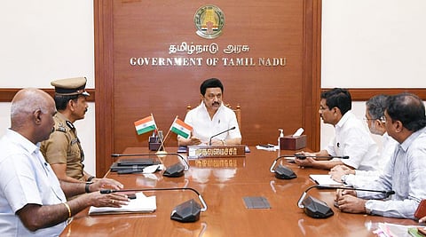 Tamil Nadu Chief Minister MK Stalin during a review meeting with top officials over the cylinder blast incident in Coimbatore, Oct. 26, 2022. (Photo | PTI)