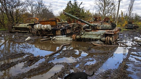 Russian tanks damaged in recent fighting are seen near the recently retaken village of Kamianka, Kharkiv region, Ukraine, Sunday, Oct. 30, 2022.  