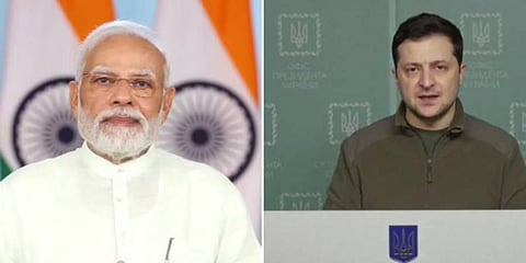 Prime Minister Narendra Modi and Ukrainian President Volodymyr Zelenskyy. (Photo | ANI Special arrangement)