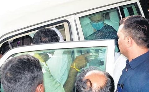 Congress president Sonia Gandhi is received on her arrival at Mysuru Airport on Monday | udayshankar s