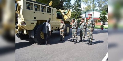 Kalyani M4,A 4x4 Quick Reaction Force Vehicle was inducted to the Army's northern command. (Photo | Twitter, Northerncomd_IA)