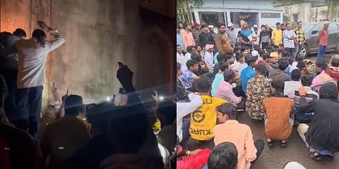 A mob entered the premises of the 15th century ASI-protected Mahmood Gawan monument(L)' a dharna or protest staged in front of Bidar's town police station by Muslim groups. (R)