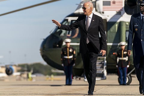 President Joe Biden boards Air Force One at Andrews Air Force Base, Md., Thursday, Oct. 6, 2022, to travel to Poughkeepsie, N.Y.  (Photo | AP)