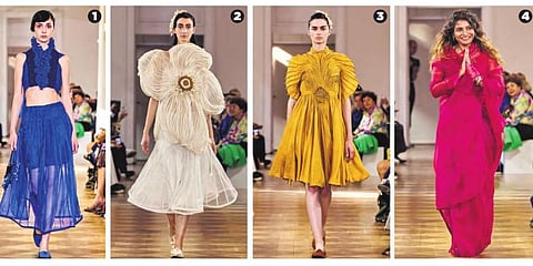 (1, 2, 3) Designs from Vaishali Shadangule’s spring summer collection ‘Ancestral Threads’ that she showcased at Milan Fashion Week. (4) Vaishali Shadangule