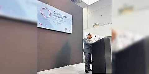 Minister for MSMEs TM Anbarasan speaks at the MSV Industrial Fair in Czech Republic on Wednesday | Express