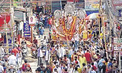 Goddess Durga being taken out in a procession for immersion in Cuttack.