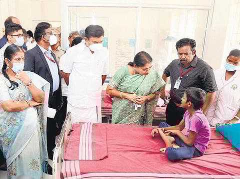 Ministers Geetha Jeevan and MP Saminathan visiting the children receiving treatment at Tiruppur medical college hospital on Friday | Express