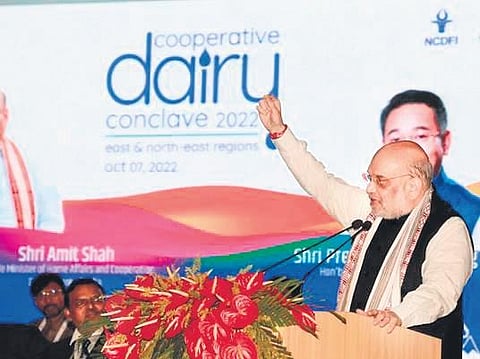 Union Home and Cooperation Minister Amit Shah speaks during the inauguration of Eastern and North-Eastern Cooperative Dairy Conclave 2022 in Gangtok on Friday.