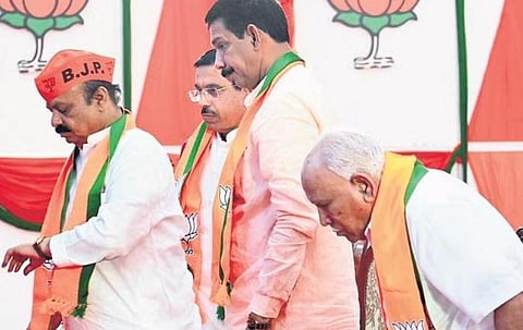 CM Basavaraj Bommai, Union Minister Pralhad Joshi, state BJP chief Nalinkumar Kateel, BS Yediyurappa and BJP General Secretary Arun Singh during the state executive committee meet | Nagaraja G