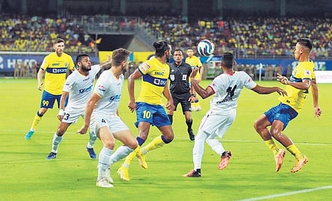 Action from the ISL match between Kerala Blasters and East Bengal in Kochi