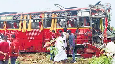 The tourist bus involved in the accident at Vadakkenchery that led to the death of nine persons, including five students | Express file photo