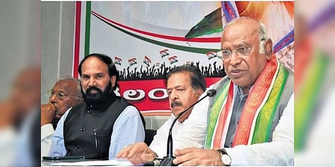 Mallikarjun Kharge addresses the media in Hyderabad on Saturday
