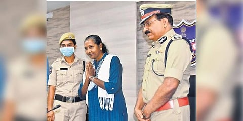 Maoist leader Usha Rani surrenders before State DGP Mahender Reddy in Hyderabad on Saturday | Vinay Madapu