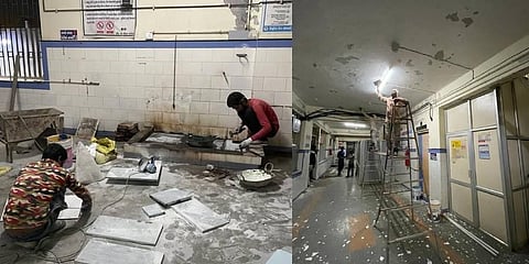 Images that showed repair work going on inside the Morbi hospital. (Photo | Twiiter, speail arrangement, @ashoswai)