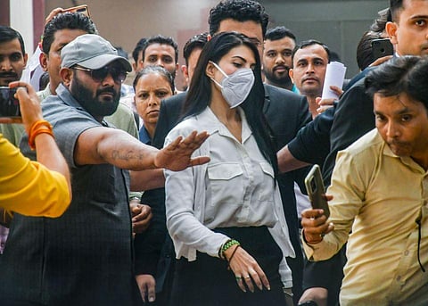 Actor Jacqueline Fernandez at Patiala Court in connection with the Enforcement Directorate case related to money laundering, in New Delhi. (Photo | PTI)