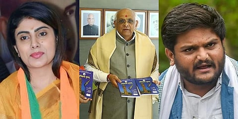 (From left) Rivaba Jadeja, Gujarat Chief Minister Bhupendra Patel and Hardik Patel (File Photos)