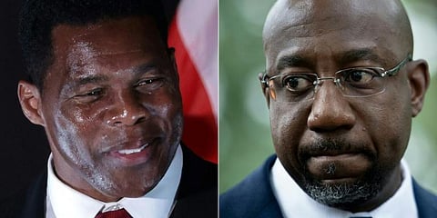 Democratic incumbent Raphael Warnock (R) and Republican challenger Herschel Walker (L) will continue their battle for the US Senate on December 6. (Photo | AFP)