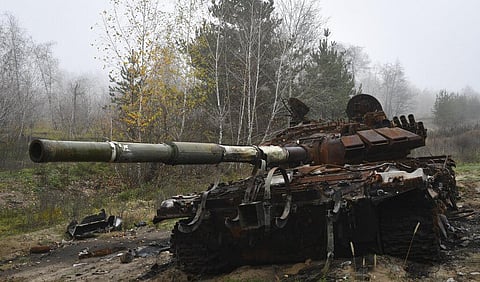 A destroyed Russian tank is seen near the recently recaptured village of Yampil, Ukraine, Wednesday, Nov. 9, 2022.  (Photo | AP)