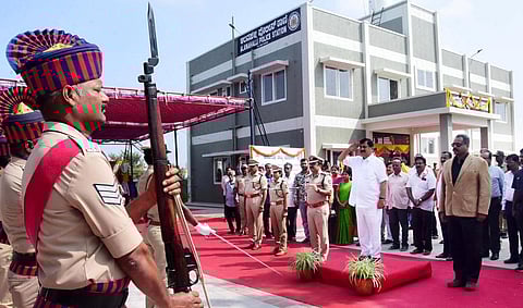 Home Minister Araga Jnanendra inaugurates the Alanahalli police station in Mysuru on Thursday. (Photo | Express) ​