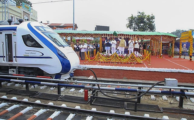 The 'Vande Bharat' train is the first semi-high speed train in the South and fifth in the country. Integral Coach Factory (ICF), Chennai, a production unit of the railways, developed the train which has an intelligent braking system enabling better acceleration and deceleration. (Photo | PTI)