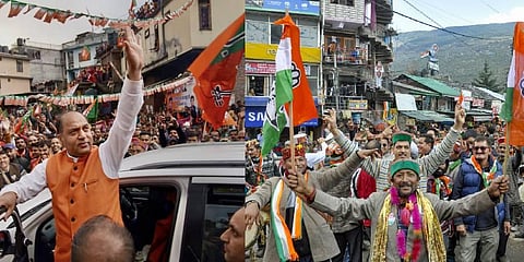 Pictures from Himachal Pradesh election campaigns by the BJP and the Congress respectively. (Photos | PTI)
