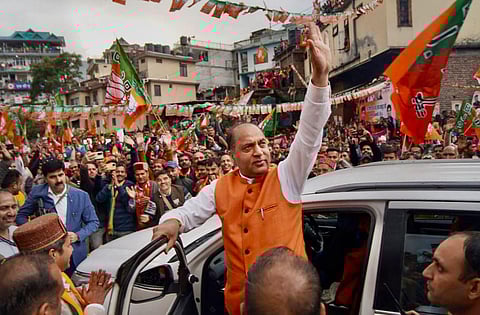 Himachal Pradesh Chief Minister and BJP leader Jairam Thakur waves at supporters during an election campaign rally ahead of Himachal Pradesh Assembly elections. (Photo | PTI)