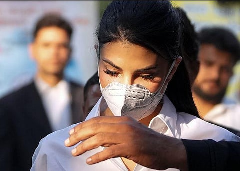 Bollywood actor Jacqueline Fernandez leaves after appearing before the Patiala House court in connection with a money laundering case linked to alleged conman Sukesh Chandrashekhar. (Photo | PTI)