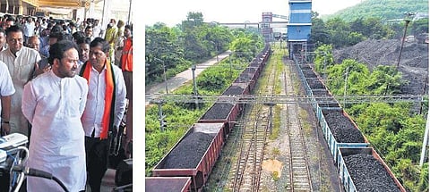 Coal-laden train coaches on the newly constructed tracks in Bhadrachalam; (left) Union Minister G Kishan Reddy on Friday reviews arrangements at Begumpet Airport ahead of PM’s visit