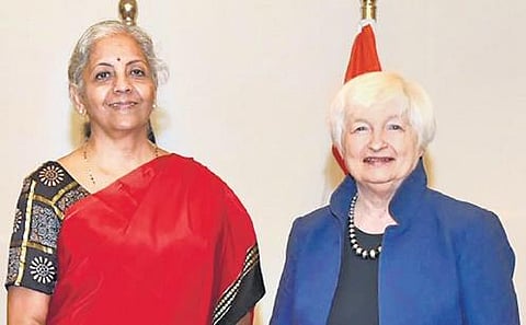 US treasury secretary Janet Yellen with FM Nirmala Sitharaman in New Delhi. (Photo| PTI)
