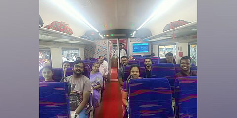 Even though reaching station turned out to be an issue, the passengers were in glee when they finally boarded the coach (Photo | EPS)