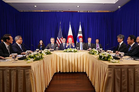 U.S. President Joe Biden meets with South Korean President Yoon Suk Yeol and Japanese Prime Minister Fumio Kishida on the sidelines of the ASEAN summit, Nov. 13, 2022. (Photo | AP)