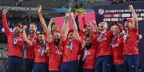 England celebrate with their trophy after defeating Pakistan in the final of the T20 World Cup cricket at the Melbourne Cricket Ground in Melbourne, Australia, Nov. 13, 2022. (AP Photo | AP)