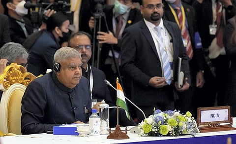 Vice President Jagdeep Dhankhar speaks during the 19th ASEAN-India Summit, at Sokha Hotel in Phnom Penh, Cambodia. (Photo | PTI)