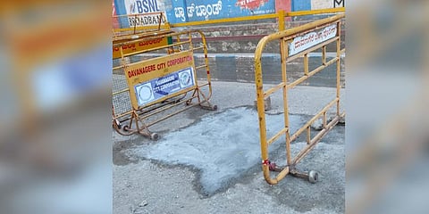 Pothole infront of Davangere city corporation filled by Namma Davangere and Davangere potholes group.
