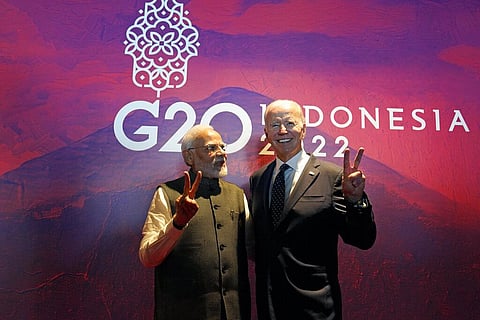 U.S. President Joe Biden gestures with India's Prime Minister Narendra Modi at the G20 summit meeting, in Nusa Dua, Bali, Nov. 15,2022. (Photo | AP)