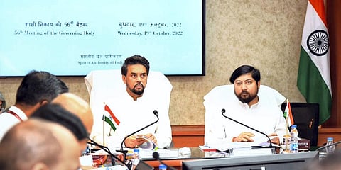 In this file image, MoS Sports Nisith Pramanik (R) seen with Union Sports Minister Anurag Thakur during the 56th SAI Governing Body meeting, in New Delhi. (Photo | PTI )