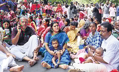 Corporation councillor S Pushpalatha along with fellow councillors attending the Raj Bhavan march taken out by the LDF-backed Higher Education Protection Committee, near Manaveeyam Road in Thiruvanant