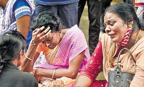 Relatives mourn the death of R Priya, a 17-year-old footballer who lost her life due to medical negligence, in Chennai on Tuesday | R Satish Babu