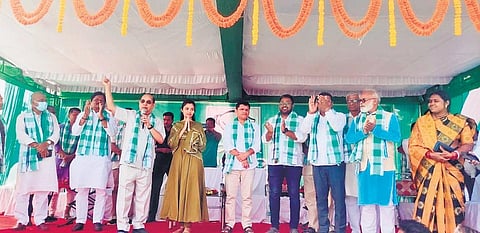 Barsha Singh Bariha and other BJD leaders at the public meet in Padampur | Express