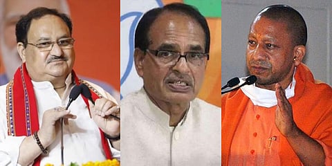 BJP President JP Nadda, (L), Madhya Pradesh Chief Minister Shivraj Singh Chouhan and Uttar Pradesh Chief Minister Yogi Adityanath, (R), are set to campaign in Gujarat. (File Photo | PTI)