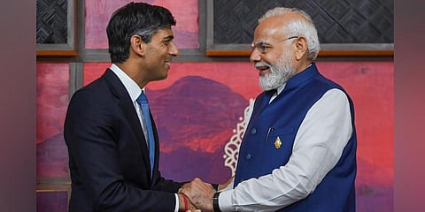 rime Minister Narendra Modi with UK PM Rishi Sunak during a bilateral meeting, on the sidelines of G20 Summit, in Bali, Indonesia. (Photo | PTI)