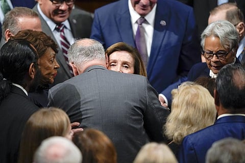 As Nancy Pelosi, first woman to wield the speaker’s gavel, steps aside..In the image, she hugs Senate Majority Leader Chuck Schumer of N.Y. (Photo | AP)