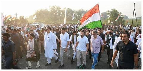 Mahatma Gandhi's great-grandson, Tushar Gandhi with Rahul Gandhi in the Bharat Jodo Yatra at Shegaon. (Photo | ANI Twitter)
