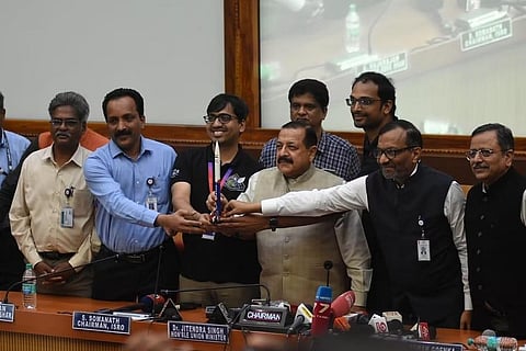 Minister Jitendra Singh, ISRO Chairman Somnath, in-space chairman Pawan Goenka, and CEO-founders of Skyroot Pawan Chandana, Naga Bharat Daga. (Photo | Ashwin Prasath, EPS)